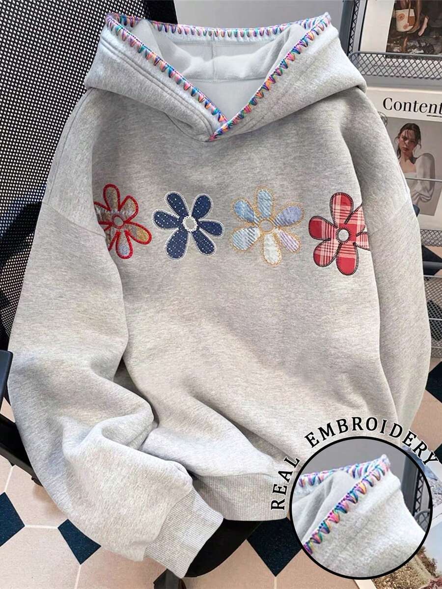 Resyla Plus Size Autumn Casual Embroidered Drawstring Loose Sweatshirt Sweatshirt - Grey - View 1