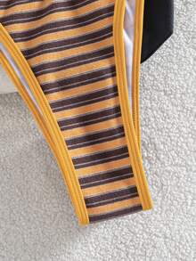 Swim Mod 两件套女士条纹提花面料挂脖系带微三角比基尼上衣和可调节高腰三角比基尼下装泳衣套装 - 橘色 - 查看 4