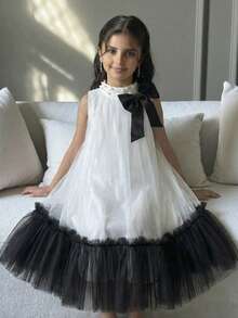 Serisse Kids Vestido de línea A sin mangas con cuello alto, decoración de perlas y contraste blanco y negro elegante para niña preadolescente - Blanco y Negro - Ver 4