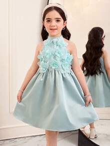 SHEIN Young Girl Solid Color 3D Floral Sleeveless Pullover Dress - Green - View 8