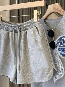 Resyla Women's Round Neck Bow Embroidery Pattern Short Sleeve Top And Drawstring Waist Pocket Shorts Casual Outfit - Light Grey - View 6