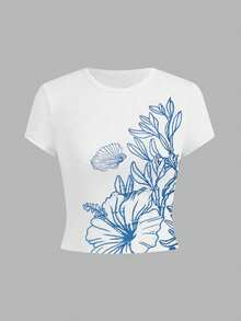 SHEIN 白色修身短款T恤，百搭贴身，花卉图案，时尚百搭，适合外出穿着。 - 彩色 - 查看 3