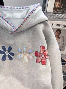 Resyla Plus Size Autumn Casual Embroidered Drawstring Loose Sweatshirt Sweatshirt - Grey - View 4