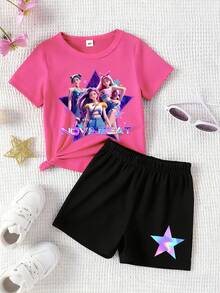 一套少女时尚彩色明星及韩流女团字母印花圆领短袖T恤和印花短裤套装，适合夏季外出穿着 - 彩色 - 查看 3