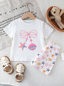 Ținută drăguță cu imprimeu de perle și scoici pentru bebeluși, set de tricou și pantaloni scurți, casual, confortabili, cu guler rotund și mânecă scurtă, potrivit pentru petreceri și întâlniri. Design dulce cu perle și stele de mare, guler rotund în culori contrastante, asortat cu pantaloni scurți, ușor și confortabil pentru primăvară/vară. Ținută casual la modă, potrivită pentru stradă, în aer liber, picnic, școală, vacanță și cadouri. - Multicolor - Vizualizare 3