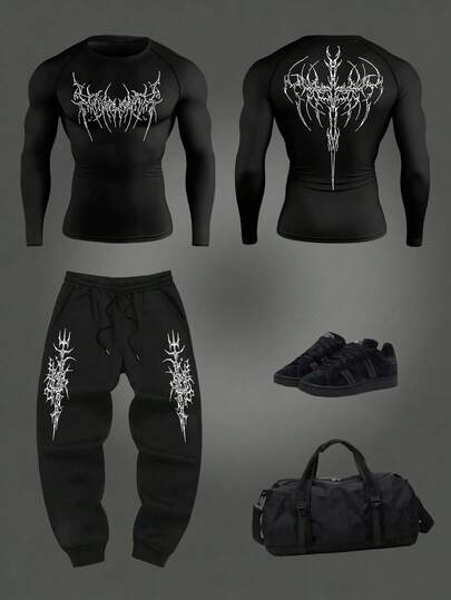 Manfinity Sport Corelite Men's Gothic Print Raglan Sleeve T-Shirt And Drawstring Waist Pants Sports Suit Gym Set Workout Set