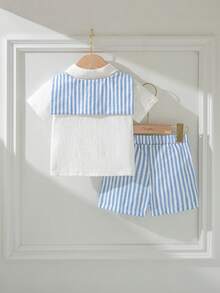 Souflis Souflis 3件套男婴幼儿新生儿春夏百搭绅士黑白条纹梭织衬衫+短裤+可拆卸披肩三件套纯棉服装 - 彩色 - 查看 3