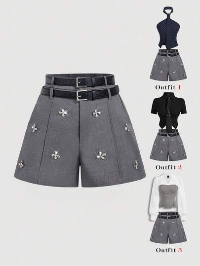 SHEIN MOD Versatile Double Waistband Wide Leg Studded Gray Shorts, Valentine's Day,Carnival Costumes ,Valentine Outfits For Women,Carnaval,Casual, Formal, Uniform, Office Wear, Shorts Outfits, Star Shorts