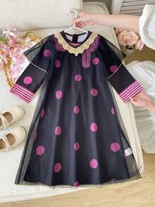 SHEIN 2pcs/Set Young Girl Geometric Print Long Sleeve Dress And Mesh Sheer Short Sleeve Dress Elegant And Adorable Two-Piece Set For Baby Girls: A Black And Purple Polka-Dot Resort Robe, An Arabian-Style Robe, And A Black Mesh Cover-Up With Gold Embroidered Lace. This Elegant And Adorable Set Is Designed Specifically For Baby Girls, Featuring Middle Eastern Patterns, And Is Suitable For Both Indoor And Outdoor Wear., Young Girls Casual Kids Jalabiya,Kids - Black - View 2