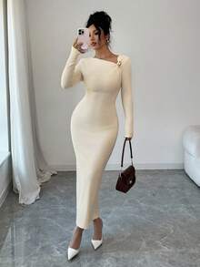 Elenzga Women's Solid Color Metal Decor Asymmetric Collar Long Sleeve Fitted Ribbed Midi Dress