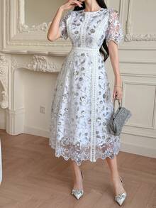 DAZY Elegant Lace Trim Short Sleeve Dress, Youthful And Refined Mini Dress - Silver - View 6