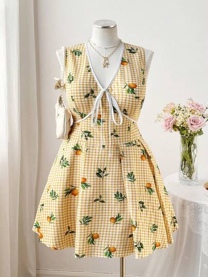 Sweetra Plus Size V-Neck Contrast Color Summer Dress For Women, Bow Tie Waist, Fruit Plaid Print Patchwork Pleated Hem