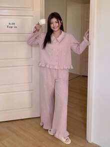 Dazy Plus 2 Stücke Damen Große Größen Niedliches Puppenhalskragen Schleife Blume Muster Locker Langarm Top und Lange Hose Pyjama Set, Frühling/Herbst - Altrosa - Übersicht 5