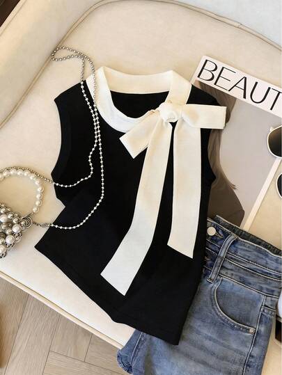Resyla Women's Colorblock Sleeveless Elegant Bow Decor Knit Top