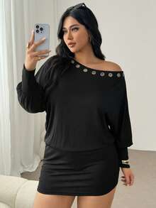 Auralis 大码女式休闲时尚街头风日常通勤连衣裙，饰有金属孔眼，不规则领口灯笼袖修身设计，春秋季款 - 黑色 - 查看 6