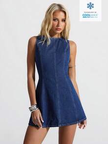 Jeanoix Đầm denim không tay, màu trơn, hở lưng, buộc dây, thời trang dành cho nữ, mùa hè. - Rửa tối - Xem 4