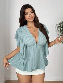 Vionelle Áo sơ mi cỡ lớn, kiểu dáng đa năng, thời trang, thanh lịch, lãng mạn, có bèo nhún ở gấu áo và điểm nhấn là cúc áo, chất liệu vải nhăn. - màu xanh lá - Xem 2