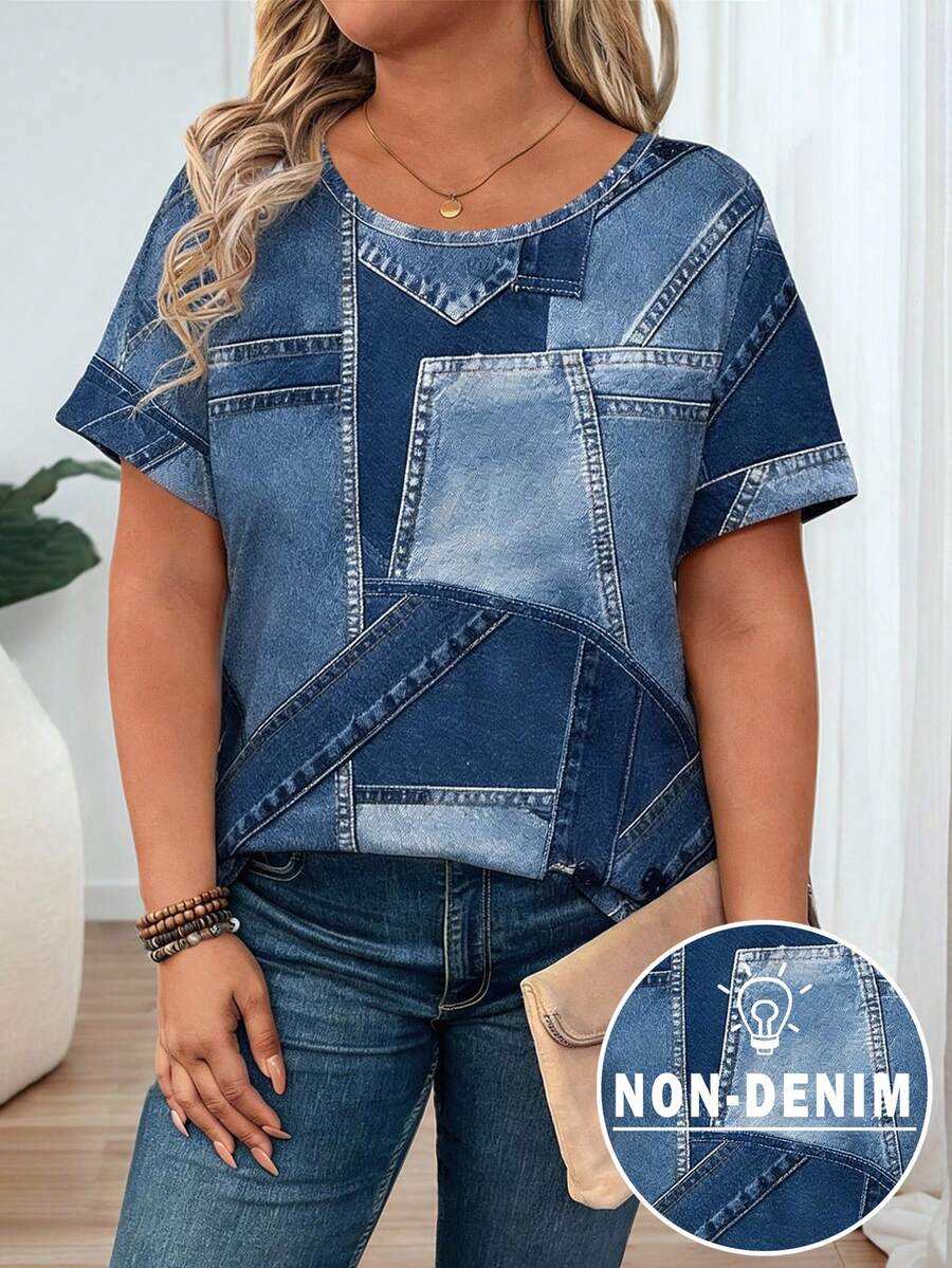 EMERY ROSE Women's Faux Denim Round-Neck T-Shirt, All-Over Print T-Shirt, Casual Minimalist Style, Loose And Comfortable T-Shirt - Multicolor - View 1