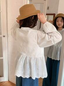Dazy Kids Tween Girl Floral Embroidery Hollow Out Single-Breasted Long Sleeve Loose Smock Shirt - White - View 5