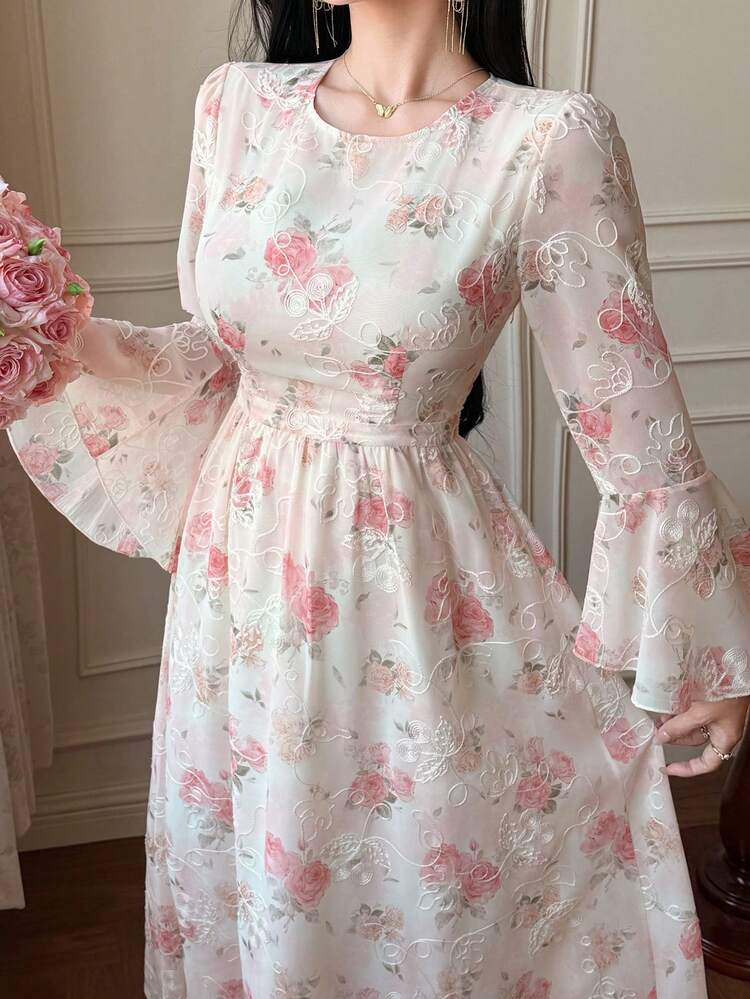 Women's Floral Print & Embroidery Casual Long Dress, Suitable For Daily Wear, Dates And Outings Sundress