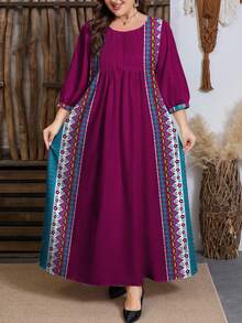 SHEIN Najma 大码女式几何花卉复古印花圆领褶裥腰部摆裙中长连衣裙，春季 - 彩色 - 查看 1