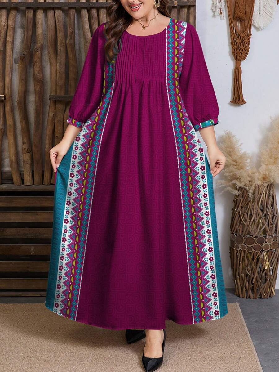 SHEIN Najma 大码女式几何花卉复古印花圆领褶裥腰部摆裙中长连衣裙，春季 - 彩色 - 查看 1