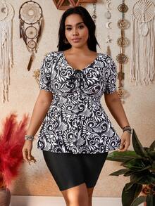 Swim Lushoire Plus Size Women 2pcs Random Print Loose Flared Hem Top And Solid Color Shorts Bikini Set Set - Black - View 1