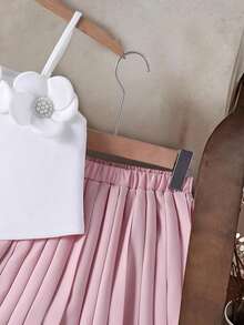 2pcs/Set Tween Girls White Summer Cute Tea Party Outfit,Elegant Beaded Floral Decor Spaghetti Strap Fitted Top&Pleated Minimalist A-Line Skirt,Casual - Pink - View 7
