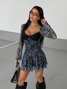 StreetHx 复古性感束腰长袖豹纹网纱撞色蕾丝露背迷你连衣裙，街头风，秋冬款 - 藍色 - 查看 5