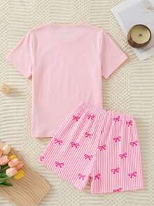 2件套少女甜美可爱优雅简约时尚新款粉色蝴蝶结圆领短袖上衣和配套粉色条纹蝴蝶结短裤休闲舒适睡衣 - 粉色 - 查看 3