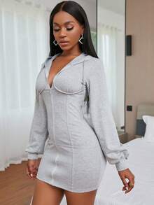 SHEIN VaVaLuxe Áo nỉ Dây kéo màu trơn Giải trí - Màu Xám nhạt - Xem 4