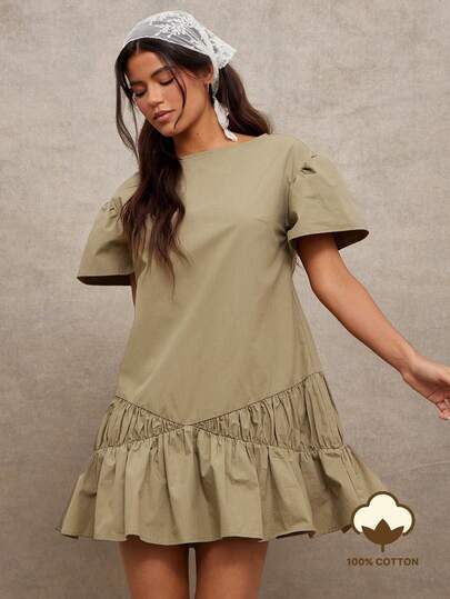 WESTFADE Vestido Curto de Algodão 100% Lavado com Decote em Barco, Babados nas Mangas Curtas, Cintura Baixa e Babados em Camadas