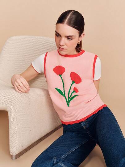 lacRébo Rosa ärmlös stickad topp med rött blommotiv och kontrastkanter Söt vintage vår- och sommarstil Fransk stil Parisisk stil