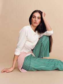 lacRébo Quần ống đứng cạp cao kẻ sọc xanh trắng, phong cách cổ điển mùa xuân hè, kiểu Pháp, phong cách Paris. - màu xanh lá - Xem 1