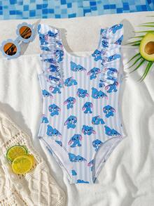 SHEIN Young Girls Cute Ruffled Tropical Floral Print One-Piece Swimsuit, Pink Tie Dye Beach Outfit, Swimwear, Beach Wear - Blue - View 3