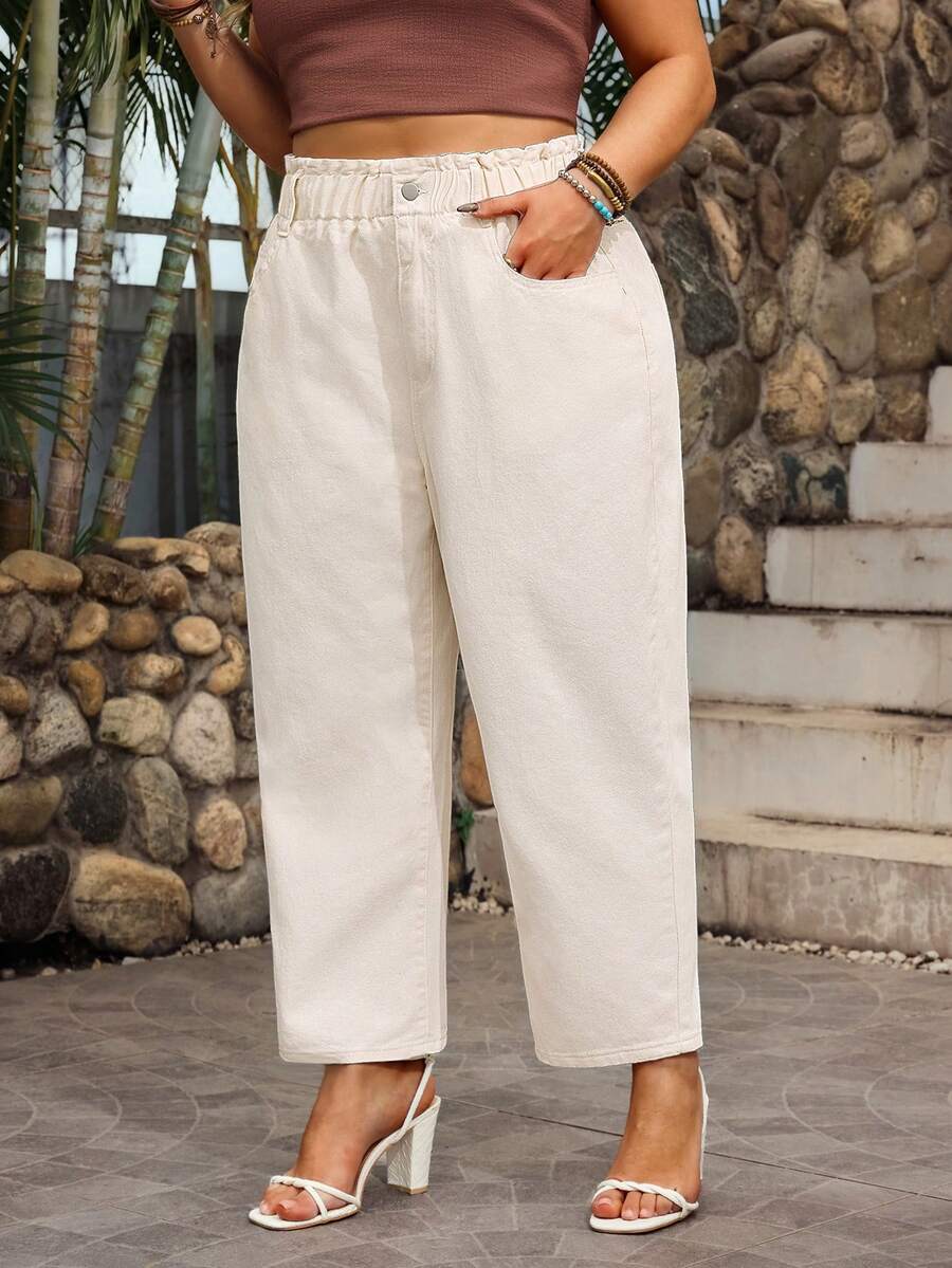 EMERY ROSE Plus Size Solid Color Webbing Waist Casual Pocket Loose Jeans - Apricot - View 1
