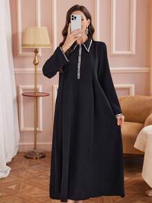 Al Najma 女士时尚休闲亮片拼接灯笼袖宽松阿拉伯风格连衣裙 - 黑色 - 查看 6