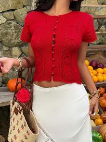 Sunnyshic Casual Versatile Vacation Style Women Short Sleeve Cardigan - Red - View 4