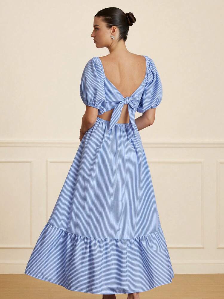 Aveloria Rosie Vestido de manga corta acampanada con cuello en V, rayas, decoración de estrella metálica hueca, mangas abullonadas y cintura ceñida - Azul y blanco - Añade 2