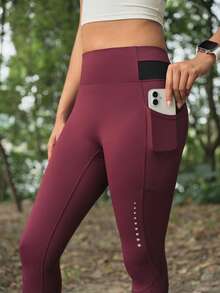 Exploreva Women's Outdoor Purple & Red Mesh Patchwork Zipper Pocket Reflective Leggings - Red Violet - View 7