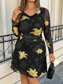 Lounesse 大码女式深V领印花优雅收腰长袖连衣裙，适合约会和派对穿着 - 彩色 - 查看 5