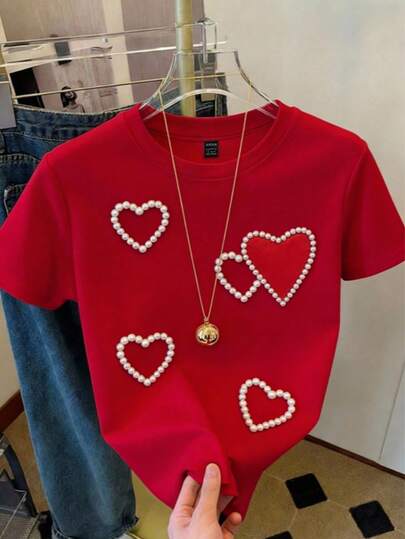 Tshirt san valentin mujer corazones elegantes glitter cute para dama, poliester, tela suave,elastica  y agradable para la piel, moderna, casual, con diseño grafico estampado ideal para todas las ocasiones y estaciones del año