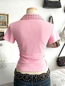 Lalippa Fashionable Simple Turndown Collar T-Shirt With Horse Embroidery, Gift For Friends - Pink - View 2