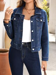 SHEIN Tall Women's Casual Commuter Denim Jacket, Spring/Autumn - Dark Wash - View 1