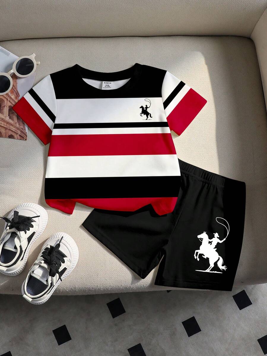 男婴两件套休闲套装，撞色条纹骑士印花T恤和短裤套装，适合春夏穿着，居家休闲、户外活动、运动、上学等场合。 - 彩色 - 查看 1