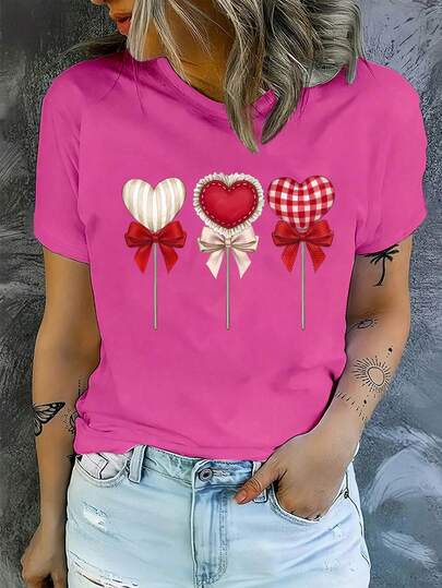 INAWLY Women's Casual Heart & Bow Print Round Neck T-Shirt, Summer