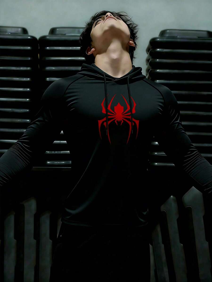 Manfinity Sport PWRUP 男士蜘蛛印花插肩袖抽绳连帽卫衣