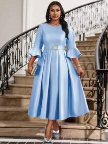 Fleurora Vestido elegante de manga acampanada y cuello redondo de unicolor para mujer de talla grande, ideal para fiestas, bodas, cócteles y navidad. Vestido de línea A con cinturón y manga de campana. Conjunto de talla grande para fiesta de graduación. Vestidos de cumpleaños para mujer en otoño. Ropa de mujer para maestras. Vestido de satén para navidad. Vestido para invitada de boda. Vestido modesto. Vestido midi floral. - Celeste - Ver 5