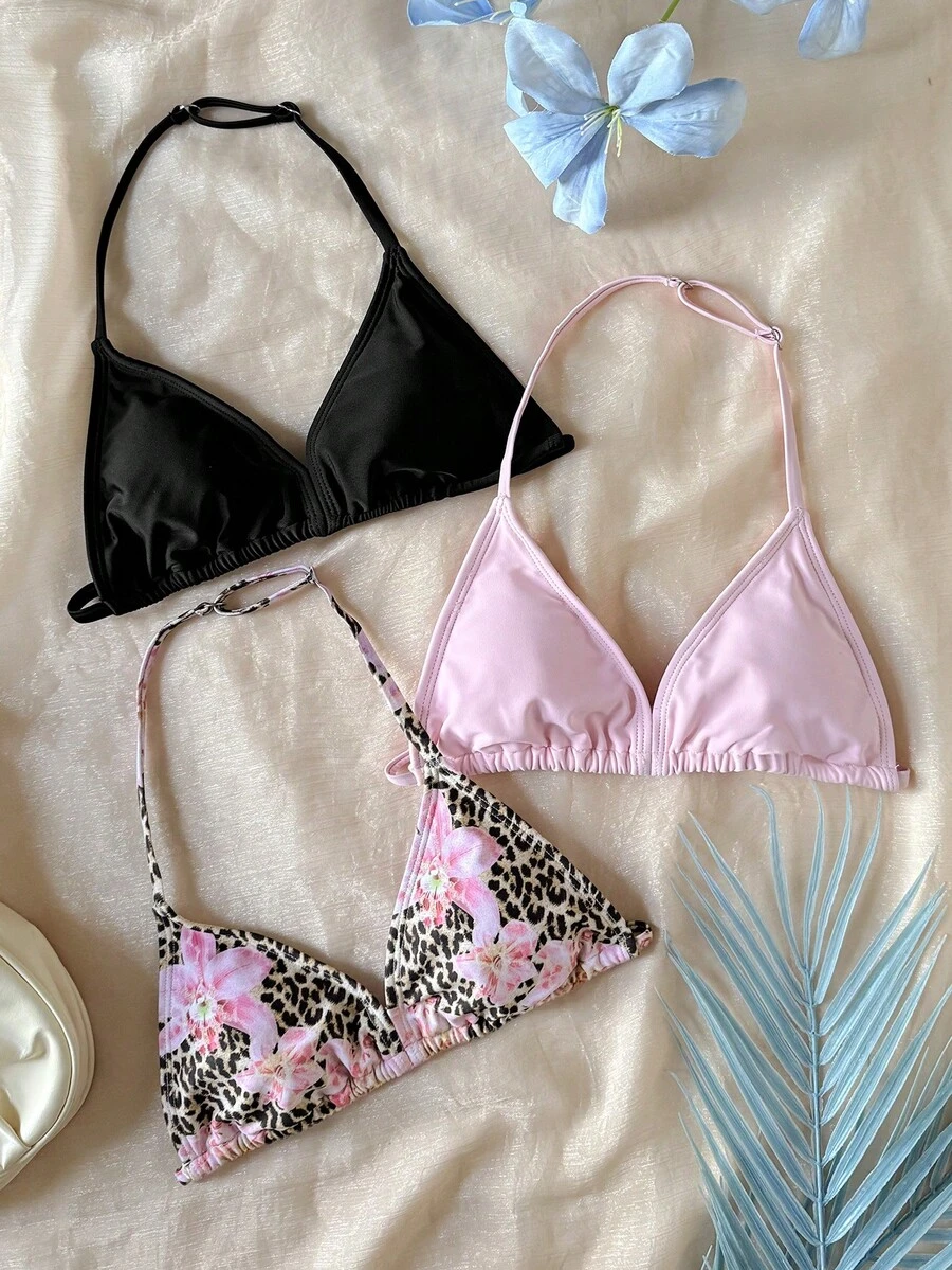SHEIN Tween Girl Casual Vacation Floral Leopard Print & Solid Black/Pink Bikini 3-Piece Set,Kids - Multicolor - View 1