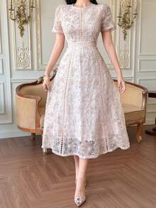 DAZY 优雅蕾丝边短袖连衣裙，青春雅致迷你连衣裙 - 粉色 - 查看 2